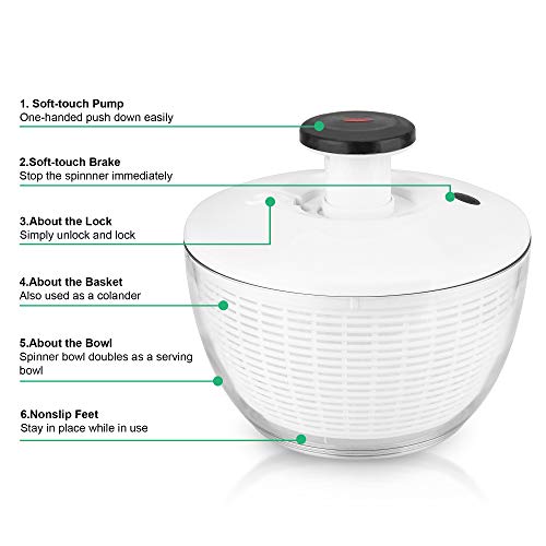 Salad Spinner, ENLOY Large 6.2 Quart Fruits and Vegetables Washer, One-Hand Pump Operation Dryer with Bowl, Compact Storage Strainer Perfect for Washing & Drying Leafy Vegetables