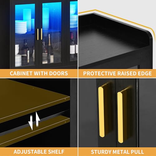 DWVO 55'' Sideboard Buffet Cabinet, Coffee Bar Cabinet with LED Light, 4 Doors & Adjustable Shelves, Large Storage Cabinets for Kitchen, Dining Room, Living Room, Black