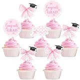Picture of kreat4joy Bow Graduation Decorations, 36pcs Congrats Grad Pink Cupcake Toppers for Girl Class of 2026 Graduation Party Decorations