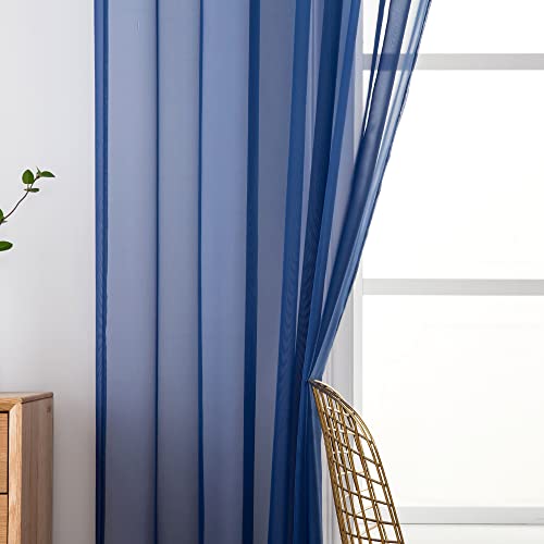 MIULEE 2 Panels Solid Color Sheer Window Curtains Smooth Elegant Window Voile Panels/Drapes/Treatment for Bedroom Living Room Dark Blue 55" Wx102 L, Rod Pocket - Image 2