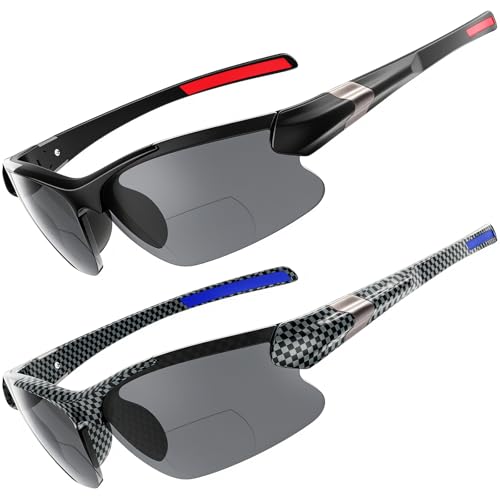 DEHOTRE 2 Pack Bifocal Reading Sunglasses Men Lightweight TR90 Frame Wrap Around Sports Semi Rimless Sun Readers for Driving Golf Fishing Outdoor Activities UV400 Protection Black & Carbon Fiber 2.25