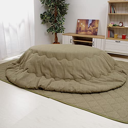 先染めつむぎ織 こたつ布団 楕円形 掛け敷きセット 185×225cm楕円形 グリーン こたつ掛け布団+こたつ敷き布団 セット