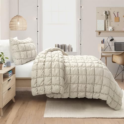 Lush Decor Puff Quilted Comforter Set, 2 Piece Set, Twin XL, Neutral - Teen Bedding Set - Super Soft Comforter - Neutral Dorm Decor - Textured Minimalist & Modern Bedroom Decor