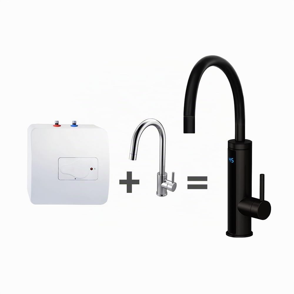 HOGART Grifo eléctrico con calentador de agua de 230 V para cocina, jardín, baño, caravana, camping, 2 accesorios, calentador inteligente, grifo con calentador de agua instantáneo, grifo de agua