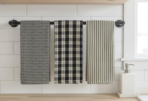 Serafina Home Kitchen Towels, 100% Cotton Flat Weave, Black and