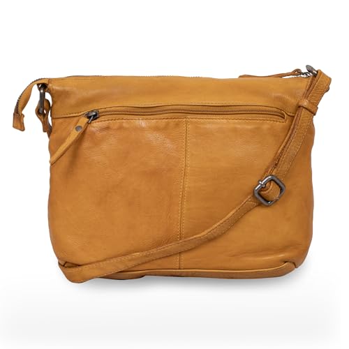 Fa.Volmer Torba na ramię – Crossbody-Bag z prawdziwej skóry dla kobiet – wygląd postarzanego – modna, młodzieżowa i wszechstronna – model: Ravenna, żółty, 27 x 20 x 7 cm