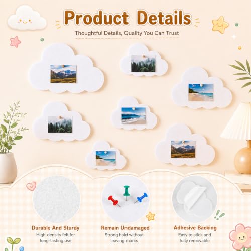 Image of 12 Pcs Cloud Felt Wall Decor Self-Adhesive Felt Bulletin Board 10 inch 9 inch 7 inch for Nursery Boho Aesthetic Room Decor Pin Board Wall Hanging for Bedroom Dorm Classroom Playroom