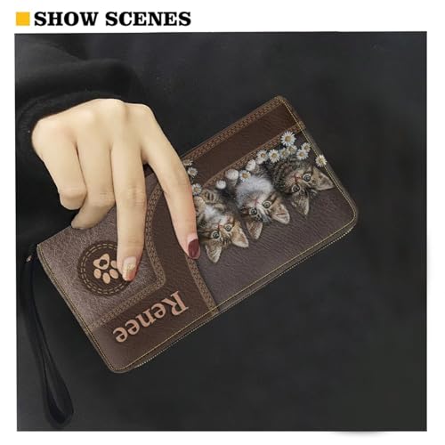 Image of Bulopur Custom Wallet with Name for Women Cute Cat RFID Wristlet Wallets Zip Around Cash Slim Compact Clutch Long Credit Card Holder PU Leather Handbags Gifts for Cat Owner