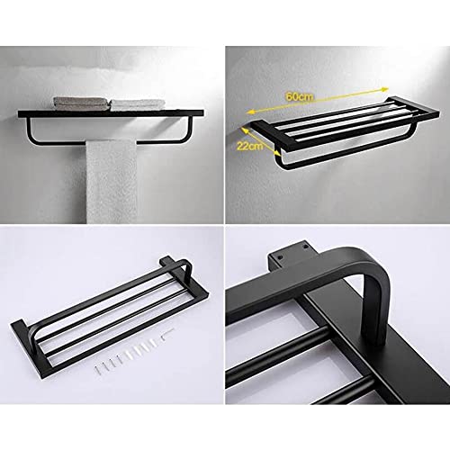 Porte-serviettes mural pliable noir mat étagère de bain 60cm de long
