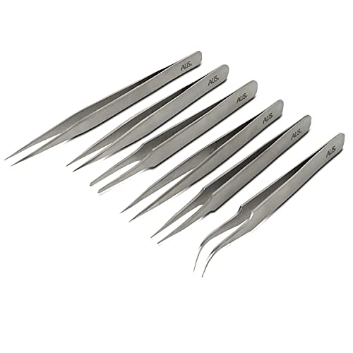 Alis 6 Pcs ESD Precision Multifunction Tweezers Set, Upgraded Professional Anti-Static Tweezers for Electronics, Crafting, Jewellery Tool Kit, SS Set of 6 (Stainless Steel)