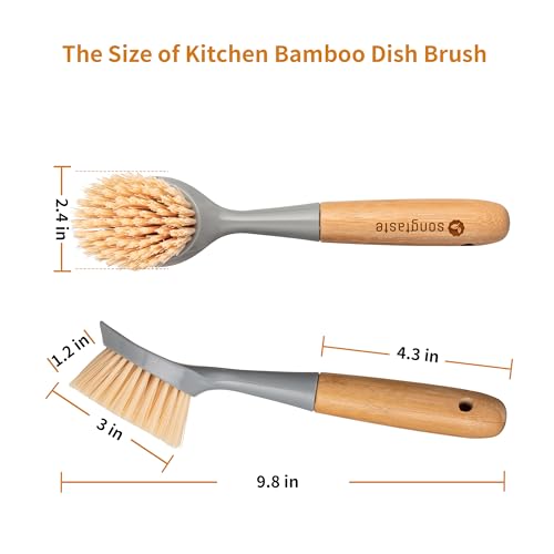 Image of 2 Pack Kitchen Dish Brush Bamboo Handle Dish Scrubber Built-in Scraper | Scrub Brush for Pans, Pots, Kitchen Sink Cleaning, Dishwashing and Cleaning Brushes are Perfect Cleaning Tools, Color-Gray