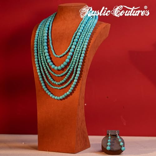 Image of Montana West Rustic Couture's Turquoise Collar Long Layered 2 Pieces Beaded Necklace Jewelry Set for Women Cowgirl Earrings RNS-1010TQ