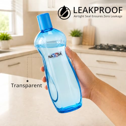 Image of Nayasa Loopy 1000 ML Pet Plastic Fridge Water Bottles Set of 6 | BPA Free | Leak Proof | Airtight Lid | Blue