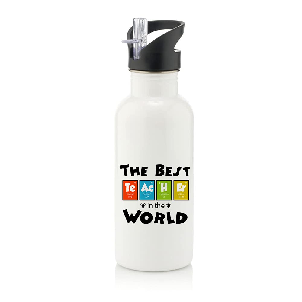 Getagift The Best Teacher in The World, Periodic Table of Elements, Appreciation Gift for Chemistry or Science Teacher, End of Term Present, Stainless Steel 600ml Water Bottle with Straw. (White)