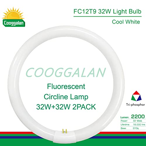 Cooggalan Fc12T9/Cw 32W Cool White Round Light Bulb, 12 Inch T9 32 Watt Circular Fluorescent Lamp Replacement For Circline Ceiling Fixtures Bulbs, 2200 Lumens, 4100K, G10Q 4 Pin Base, 2 Pack #TOP2