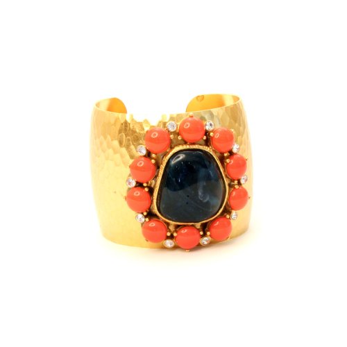 Gerard Yosca Coral and Sapphire Hammered Gold Cuff (2", Gold/Coral/Sapphire/Crystal)