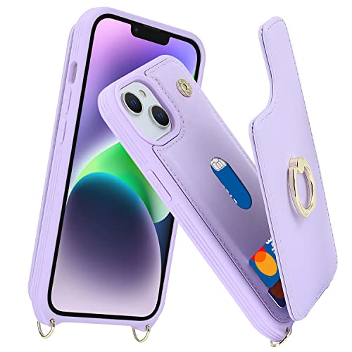Image of for iPhone 14 Plus Case with Card Holder and Strap for Women,Crossbody Lanyard,RFID Blocking,Stand Ring Kickstand,Snap Clasp,Phone Wallet Cases 6.7 inch(Purple)
