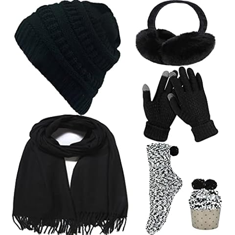 WEASIC Women's Cold Weather Sets Hat and Scarf Set for Women Hat Scarf and Gloves Set Ladies Womens Hat Scarf and Gloves Set Ear Muffs Slippers Women Christmas Gifts for Women B - Black Cover