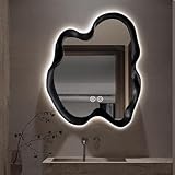 Badezimmer-Make-up-Spiegel, unregelmäßig geformt, dekorativer Spiegel, Massivholzrahmen, für Badezimmer, Wohnzimmer, Schlafzimmer, Eingangsbereich, Schwarz + LED, 70 x 90 cm