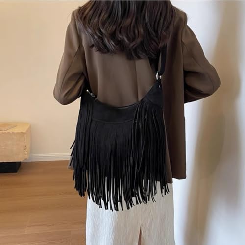 Image of Women Vintage Suede Fringe Hobo Bag Tote Shoulder Bag Crossbody Bag and Hippie Western Cowgirl Purse Shoulder Bag