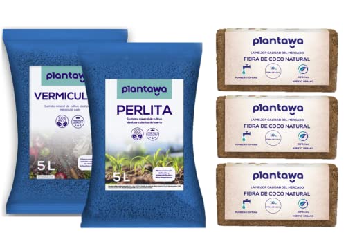 Sustrato Perlita 5L, Vermiculita 5L y Fibra de Coco 30L, Tierra para Plantas Sustrato Universal para Plantar Semillas Huerto Urbano,Abono Natural Tierra Jardín Exterior, Sustratos y Abonos