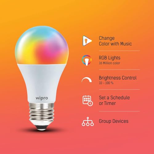 Image of wipro 9W Bluetooth Enabled Smart Bulb E27 | 16 million Colours | White Tunable (Warm, Neutral & Cool White) | Dimmable | App-Control | Music Sync | Schedule & Scenes | Pack of 4
