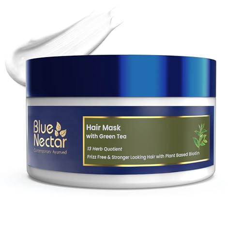 Blue Nectar Green Tea Hair Mask for Dry & Frizzy Hair | Natural Biotin Deep Conditioning Hair Mask for Damaged & Curly Hair, All Hair types (13 Herbs, 200 g)