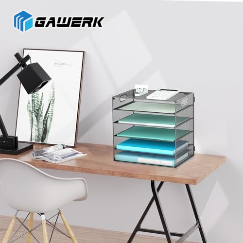2 Pack 6 Tier Letter Tray Paper Organizer with Handle, Mental Mesh Desk File Paper Organizer for Office Home School, Black, 2 Pack
