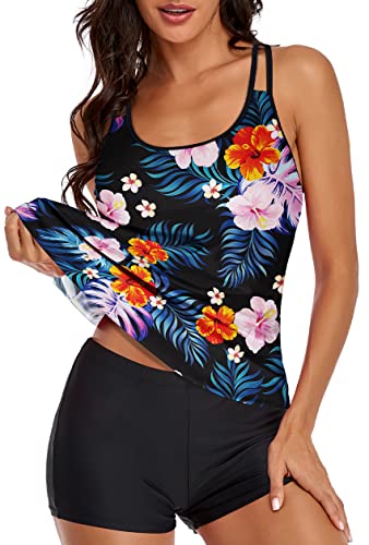 Omichic Womens Tankini Swimsuits For Two Piece Bathing Suits With Boyshorts Orange Floral Large #TOP16
