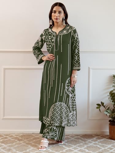 Image of INDO ERA Women's Green Viscose Rayon Printed Straight Kurta & Pant Set (IEOUT6940)