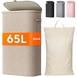 Lifewit 65L Laundry Basket with Lid, Slim Washing Basket with Handles and Bag, Large Foldable Dirty Clothes Organiser with Plastic Frame for Laundry Room, Bedroom, Bathroom, Beige