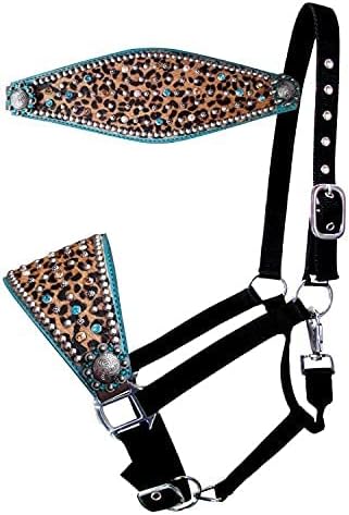 Showman Nylon Bronc Halter w/Hair-On Cheetah Print & Teal Leather Noseband, Cheetah/Teal, Average Full Size Horse