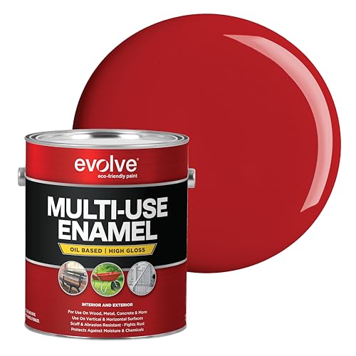 EVOLVE Multi-Purpose Alkyd Enamel – Interior Exterior Oil-Based Paint for Wood, Metal, Concrete, & Masonry, High-Gloss, Rust & Abrasion Resistant (Safety Red, 1 Gallon)