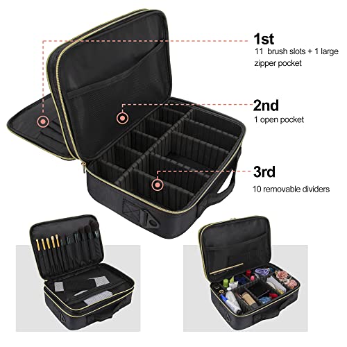 Time to Sparkle 35 * 24 * 12cm Travel Makeup Bag Cosmetic Bag Makeup Organizer Bag Travel Train Case Portable Cosmetic Artist Storage Bag with Adjustable Baffle for Makeup Brush Jewelry Black - Image 4