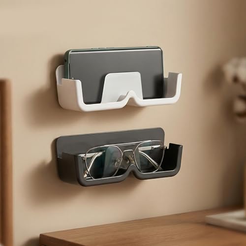 Image of Pack of 2 Specs Holder Wall Mounted /Wall Mounted Mobile Phone Holder /Storage Case For Phones with Strong Adhesive Strips /Eyewear Case Shelving /Sunglasses Display Case /Multi-Purpose Stand(White /Black)