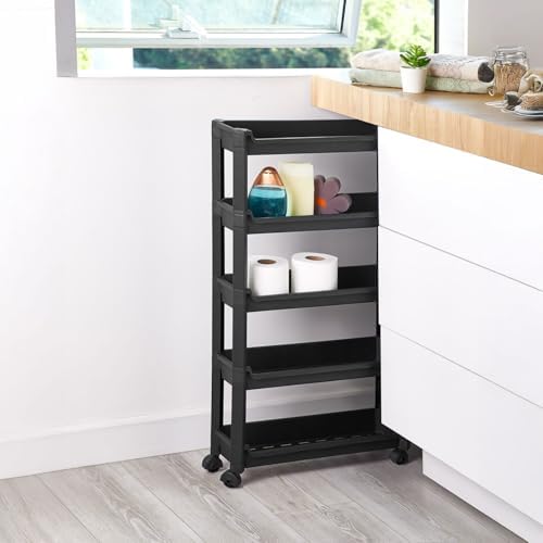 Deconox 5 Katlı Slim Tekerlekli Düzenleyici Raf - 14.5 cm İnce Tasarım Mutfak, Banyo ve Çamaşır Makinesi Yanı Organizer - Dar Alanlar İçin Servis Arabası (46.5x14.5x85 cm) - Görsel 5