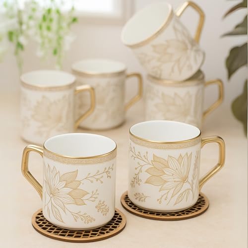 Image of Clay Craft Fine Ceramic Golden Floral Printed Coffee /Tea Cups /Mugs - Set of 6-200 ml Each, Tea Cup Set of 6, Mugs for Coffee, Cups Set of 6, Mug Set, Ideal for Gifting, Perfect for Home and Office