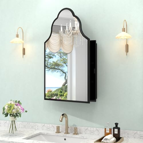 Image of 20 inchx32 inch Irregular Medicine Cabinet with Mirror, Recessed or Surface Mount Black Arched Medicine Cabinet for Bathroom, Artistic Decorative Mirror with Storage, Full Metal, Easy Installation