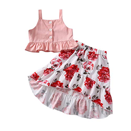 jiaoutky Toddler Kids Baby Girls Off Shoulder Crop Tops + Ruffle Sunflower Skirt Outfit Clothes Set (Floral Pink, 1 Years)