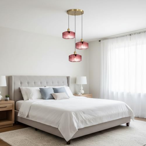 Image of 3-Light Purple Ribbed Glass Cluster Pendant Light, Mid Century Modern Gold Multi-Pendant Ceiling Lamp, Adjustable 59 inch Cord E26 Chandelier for Kitchen Island Dining Room