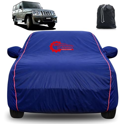Image of 100% Waterproof Car Cover for Mahindra Bolero 2000-2010 | All-Weather, Dustproof & UV Protection | Heavy-Duty 3-Layer Fabric | Custom Fit with Mirror & Antenna Pocket | Navy Blue