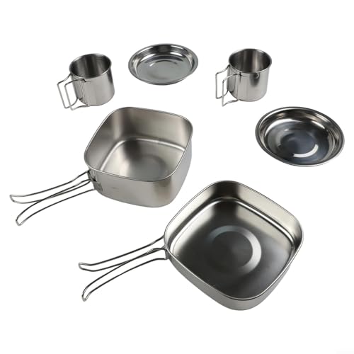 Juego de utensilios de cocina para camping de acero inoxidable, set apilable con olla, sartén, platos y tazas para actividades al aire libre como senderismo y picnic