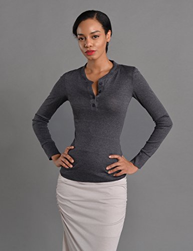 NEARKIN (NKNKWBT68 Beloved Womens Slim Cut Raw Edge Long Sleeve Henley Tshirts Charcoal US L(Tag Size XL)