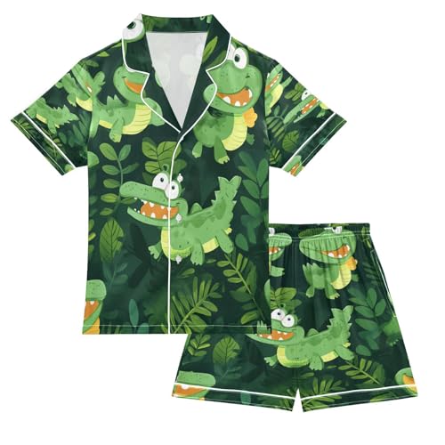 Satin Pajama Sets Short Sleeve Cute Green Crocodile Pattern Button Down Silky Nightwear 2 Piece PJS 5-14Y