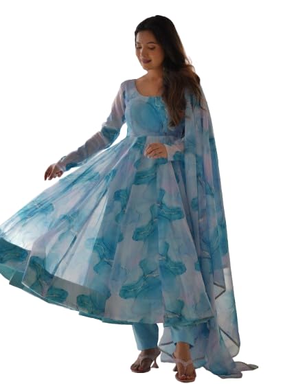 Fashion Soft ORGANJA Silk Marble Print Fabric Fully Flair Kali Pattern Anarkali with DUPPTA Set-image-43