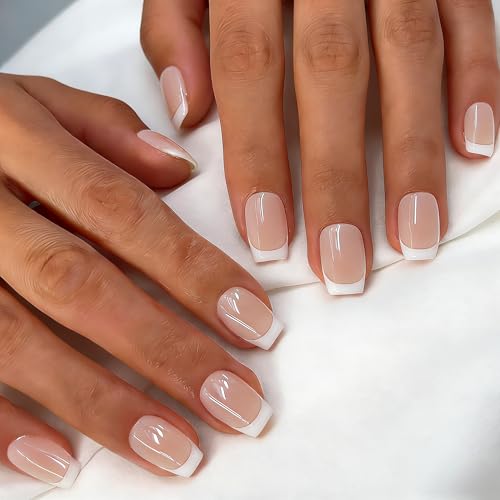 KXAMELIE White French Tip Press on Nails Medium Coffin, Soft Gel Fake Nails Short Square, Glossy...