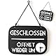 3DP Geöffnet Geschlossen Schild Bin gleich zurück mit Saugnapf, Vintage Retro - Öffnungszeiten änderbar, mit Zeitanzeige und beweglichen Zeigern (Schwarz, Deutsch)