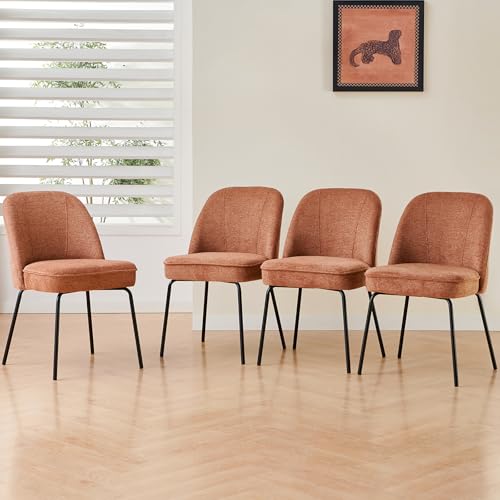 Image of ZOONFA Set of 4 Dining Chairs Linen Kitchen Chairs with Metal Legs Upholstered Padded Cushion with Spring Curved Back Chair for Dining Room Kitchen (Orange)