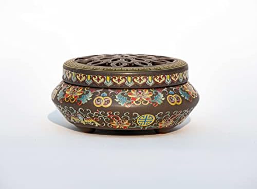 4.5" Painted Round Ceramic Incense Burner Bowl | Stick Rope Dhoop Cone Ash Catcher | Traditional Chinese Design Meditation (Brown Flat)