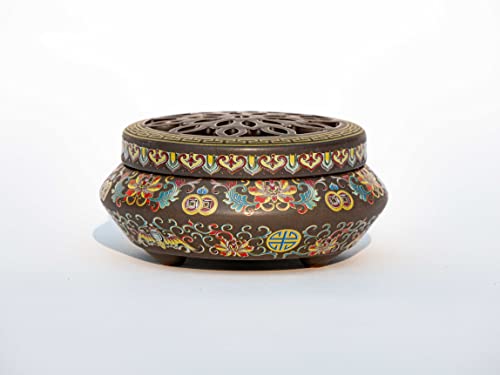 4.5" Painted Round Ceramic Incense Burner Bowl | Stick Rope Dhoop Cone Ash Catcher | Traditional Chinese Design Meditation (Brown Flat) #TOP3